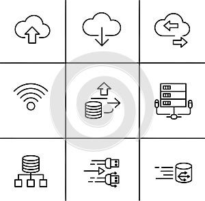 Cloud Computing, Data Transfer, and Networking Icon Set: Line Art Vector