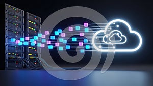 Cloud computing data transfer from servers, hosting and storage technology concept, modern digital transformation