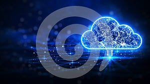 cloud computing. The data transfer and storage concept consists of a white polygonal interconnected structure within it. Dark blue