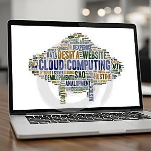 Cloud Computing and Data Word Cloud on Laptop