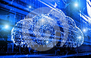 Cloud computing database design with neon plexus ton and cloud icon 3d render