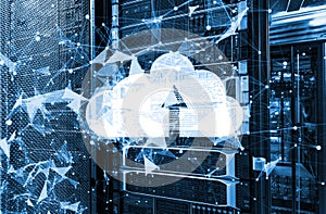 Cloud computing database design with neon plexus ton and cloud icon 3d rendering