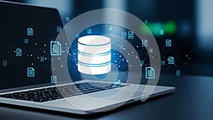 Cloud Computing Database Server Data Storage Network on Laptop Digital Background