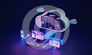 Cloud computing and database upload center hosting 3D illustration concept