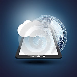 Cloud Computing Design Concept - Digital Network Connections, Technology Background with Earth Globe and Tablet PC