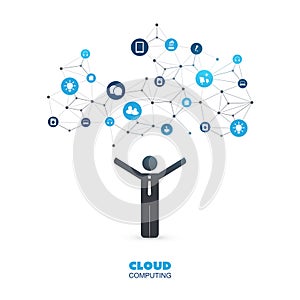 Cloud Computing Design Concept with a Standing Business Man and Icons - Digital Network Connections, Internet of Things