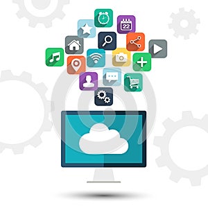 Cloud computing. Desktop computer and apps icons on white background.