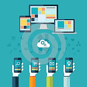 Cloud computing. Desktop computer, laptop and tablet with hands holding phones vector illustration.