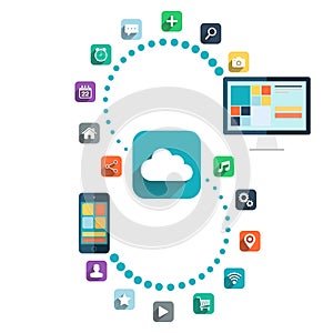 Cloud computing. Desktop computer and smart phone with color web icons vector illustration.