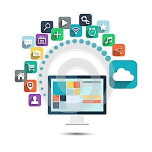 Cloud computing. Desktop computer with web icons vector illustration.