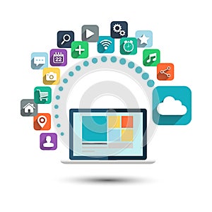 Cloud computing. Desktop computer with web icons vector illustration.