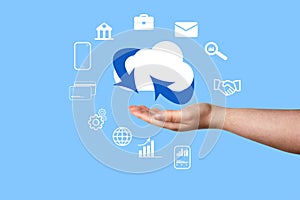 Cloud computing diagram concept with light blue background.