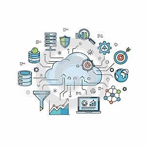 Cloud computing diagram with data and network icons