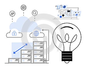 Cloud Computing Diagram with Data Storage, Security, and Innovation Concept Elements