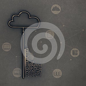 Cloud computing diagram with metallic cloud and the key