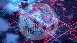 Cloud computing diagram network data storage technology service on structure circuit computer. Locked, Cyber security.