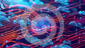 Cloud computing diagram network data storage technology service on structure circuit computer. Locked, Cyber security.