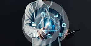 Cloud computing diagram show on hand.Data storage.the use of online digital network technology in business, online digital