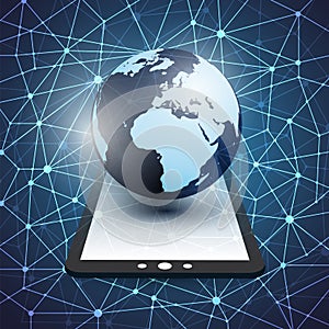 Cloud Computing, Digital Network Connections Design Concept with Earth Globe and Tablet PC - Technology Background