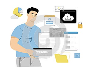 Cloud Computing. Digital storage, Data center. Data analysis, Categorizing or classifying files, organizing efficient work. Vector