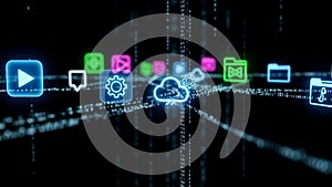 Cloud Computing and Digital Technology Icons Over Data Network, Software Services, AI, Big Data, Cyber Interface