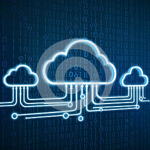 Cloud computing depiction with binary code, glowing blue clouds, deep blue background