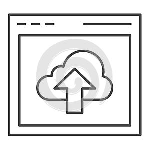 Cloud computing download thin line icon. Data server with arrow vector illustration isolated on white. Computer window