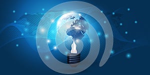 Cloud Computing, Electric and Global Network Connections Concept Design with Earth Globe Inside a Glowing Light Bulb