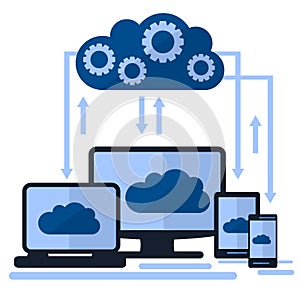 Cloud Computing Elements Concept. Devices connected to the cloud with Gears.