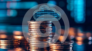 Cloud Computing And Finance Concept. Cloud Icon Over Stack Of Coins. Digital Money. Data Storage Security In The Cloud