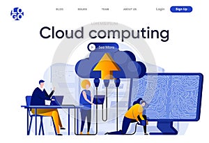 Cloud computing flat landing page. Engineers servicing cloud database system vector illustration. Hosting platform