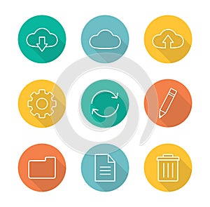 Cloud computing flat linear long shadow icons set