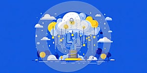 Cloud computing graphic showing data transfer and security elements on blue background