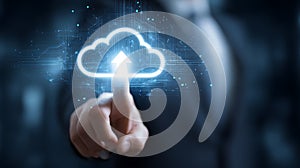 Cloud Computing Hand Interacting with Digital Cloud Icon, Data Upload