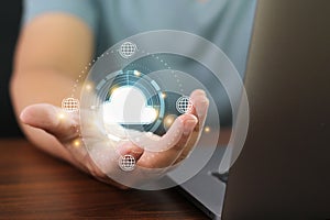 Cloud computing on hand. Online storage server networking technology. Internet communication global service