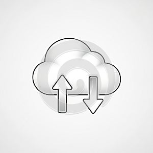 Cloud computing icon featuring a white, stylized cloud with two arrows