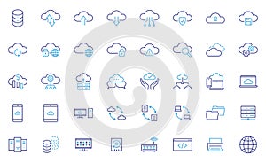 Cloud computing icon set. Thin line editable stroke icons for data storage, synchronization, server connection, upload, download,