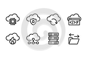 Cloud Computing Icons with CPU, Shield, Sync, and Code processor chip