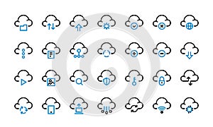 Cloud computing icons. Data transfer access and synchronization, internet platform and cloud server technology. Vector