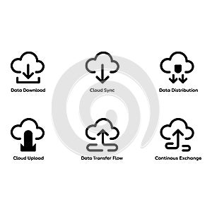 Cloud Computing Icons Data Upload Download Sync Transfer and Distribution Set
