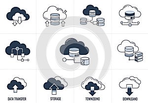 Cloud computing icons representing data storage transfer upload download and networking services