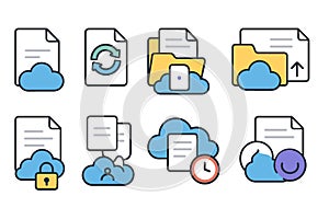 Cloud Computing Icons Set with Document and Folder Illustrations for Storage and Security