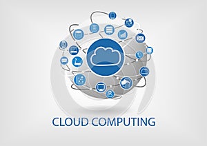 Cloud computing illustration with connected devices like notebooks, tablets, smart phones