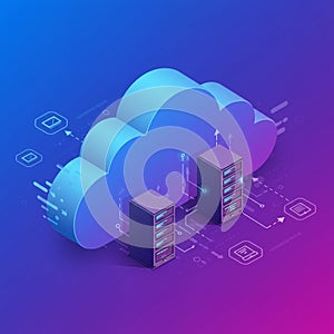 Cloud computing illustration featuring two servers connected to a large, stylized cloud