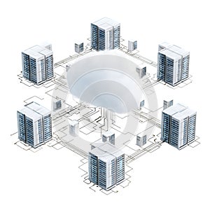 Cloud computing illustration with servers connected in a network on a white background