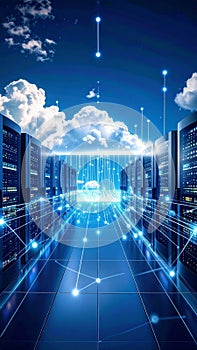 Cloud computing illustration with servers data transmission and networking connections in a digital environment