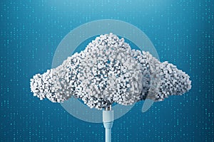 Cloud computing and information exchange concept with blue wire connected to white pixelate cloud on blue wall with binary code