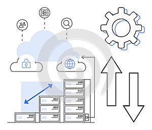 Cloud Computing Infrastructure with Data Servers, Security, and Connectivity Icons