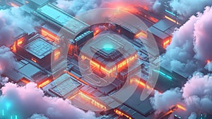 Cloud computing infrastructure with glowing circuit board elements