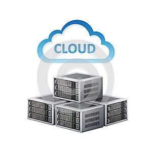 Cloud computing infrastructure with interconnected server racks symbolizing data storage and networking